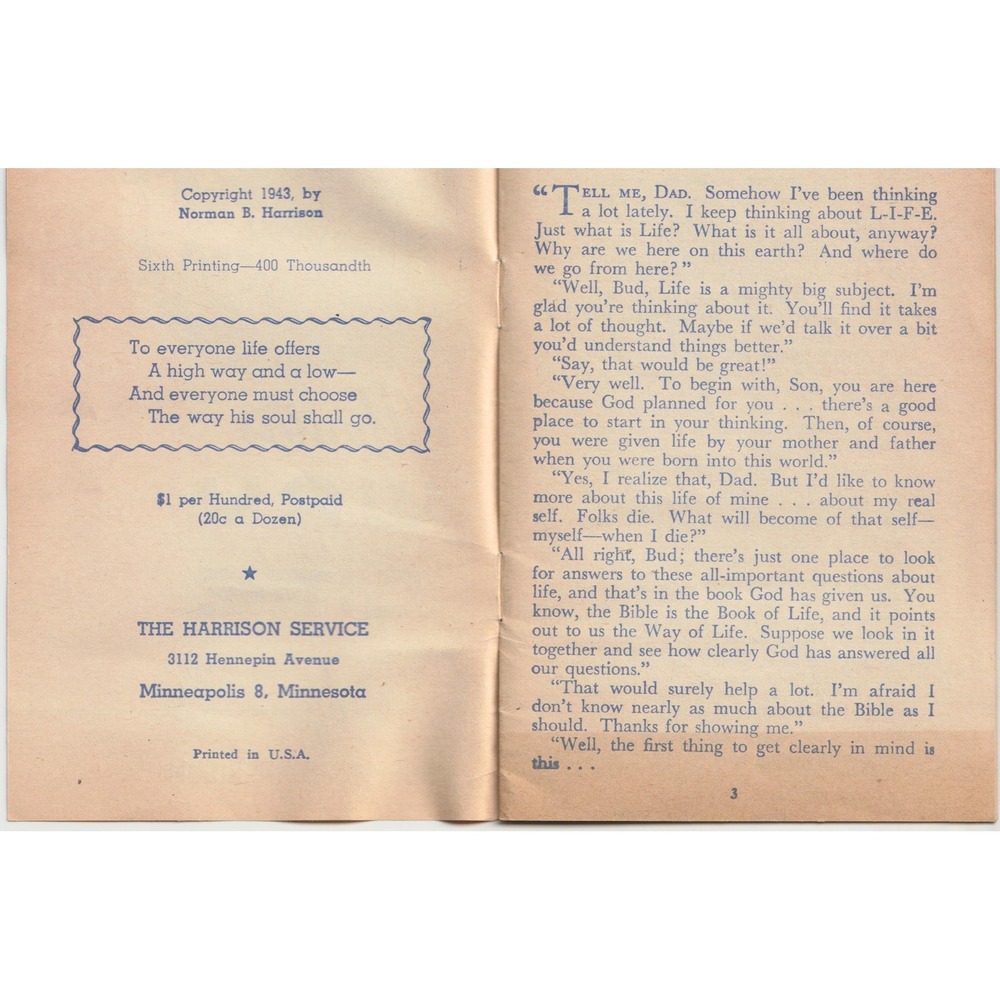 Youths Way of Life Norman B Harrison Vintage 1943 Religious Booklet Bud and Dad - Picture 3 of 3